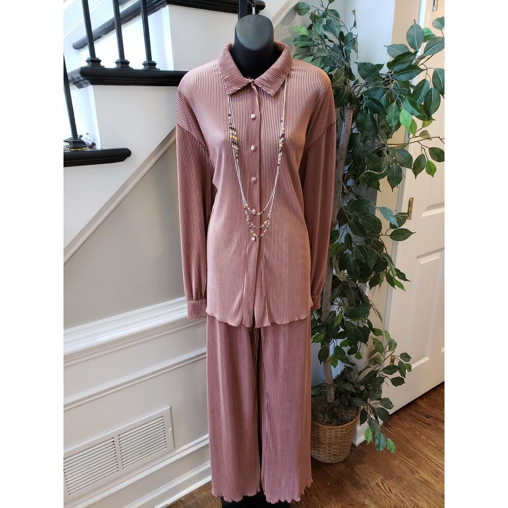 Women Pleated Lounge Set XL Pink Long Sleeve Button Top Wide Leg Pants 2 Piece